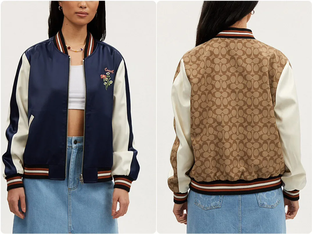 Model pictures for two wears in one! COACH New Arrival women's jacket is here. Kou's New Arrival embroidered reversible baseball jacket for women. Super beautiful reversible baseball jersey. Produced by a major trading factory. Excellent quality. The quantity is not large, only about 500 pieces. But it's also very fragrant. One side is made of high-weight Navy Blue satin fabric. This fabric is absolutely amazing. Ordinary satin fabrics on the market are either soft and shapeless. Or the texture is rough and not delicate enough. The more delicate the fabric, the higher the fabric requirements. The fabric woven with forty-eight double yarns and three yarns is not only as delicate as Dove chocolate. And just hanging it flat there is very classy. I have tried it countless times and there is absolutely no snagging. The grass embroidery on the front chest can be said to be very three-dimensional. Perfectly complementing each other. Wearing it on the reverse side is a combination of color-blocked C all-over print and satin fabric. Classic is revealed in a low profile. All sizes available in complete packaging. Size: S-L (reversible) Color: Navy Blue (presbyopia reversed) (Material: polyester fiber) S size: length 59CM, bust 120CM, shoulder raglan (raglan) 72CM, reference weight 90-105 catties M size: length 61CM, bust 124CM, shoulder raglan (raglan) 74CM, reference weight 105-115 catties L size: length 63CM Bust 128CM, shoulder sleeves (raglan) 76CM, reference weight 115-130 catties